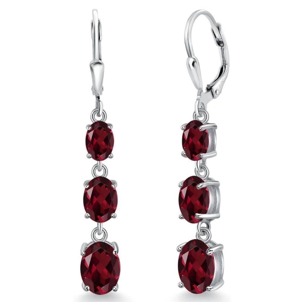 925 Sterling Silver with 5.50 Cttw 3 Stone Rhodolite Garnet Leverback Earrings